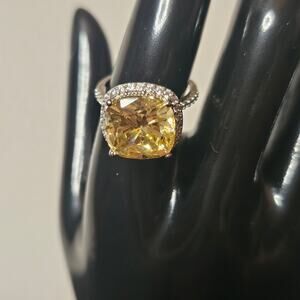 Canary Yellow Cushion-Cut Halo CZ Rhodium Over Sterling Silver Pavé Band Size 8